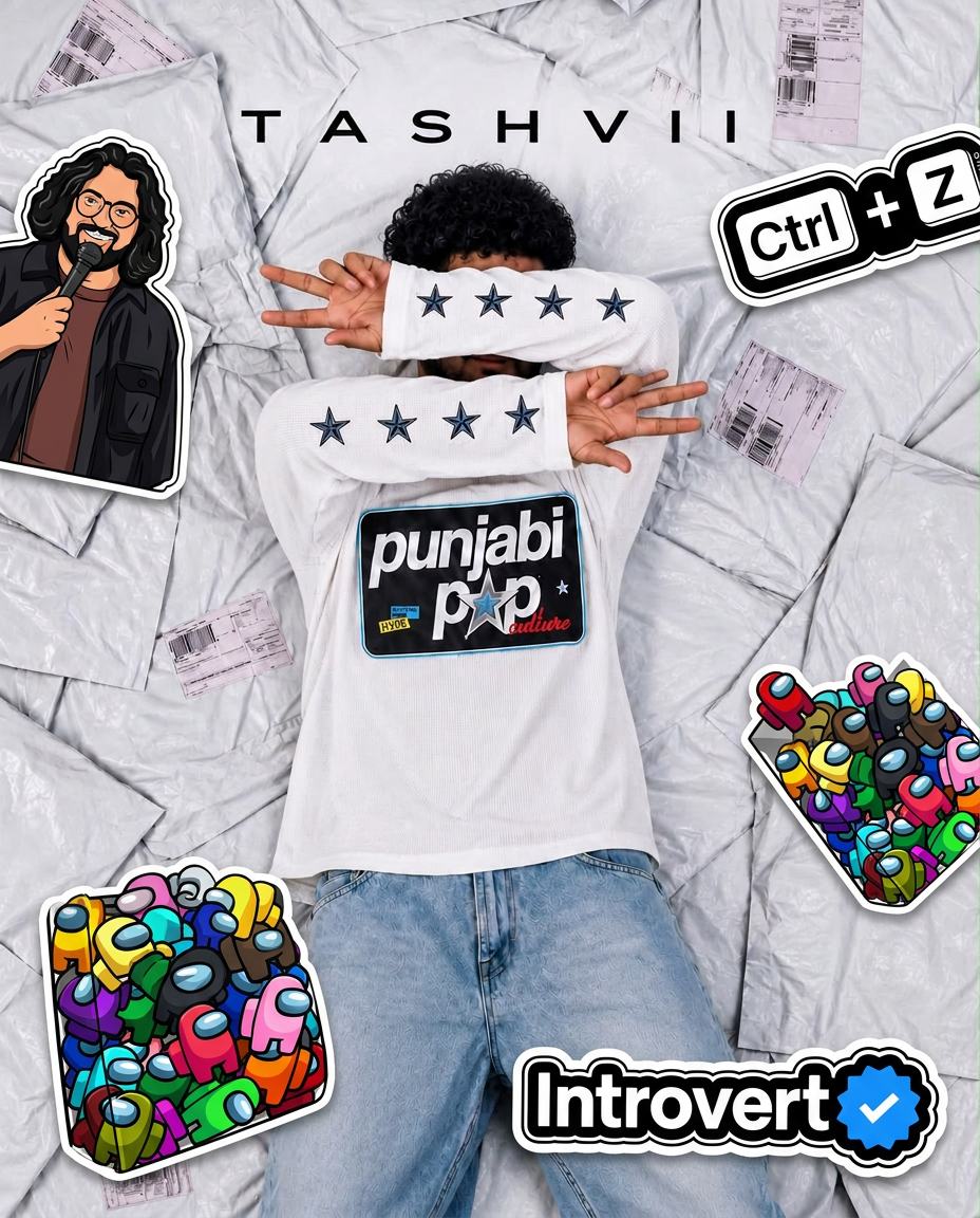 Tashvii Trending Drops featuring music, memes, gaming, relatable, Desi and internet culture designs